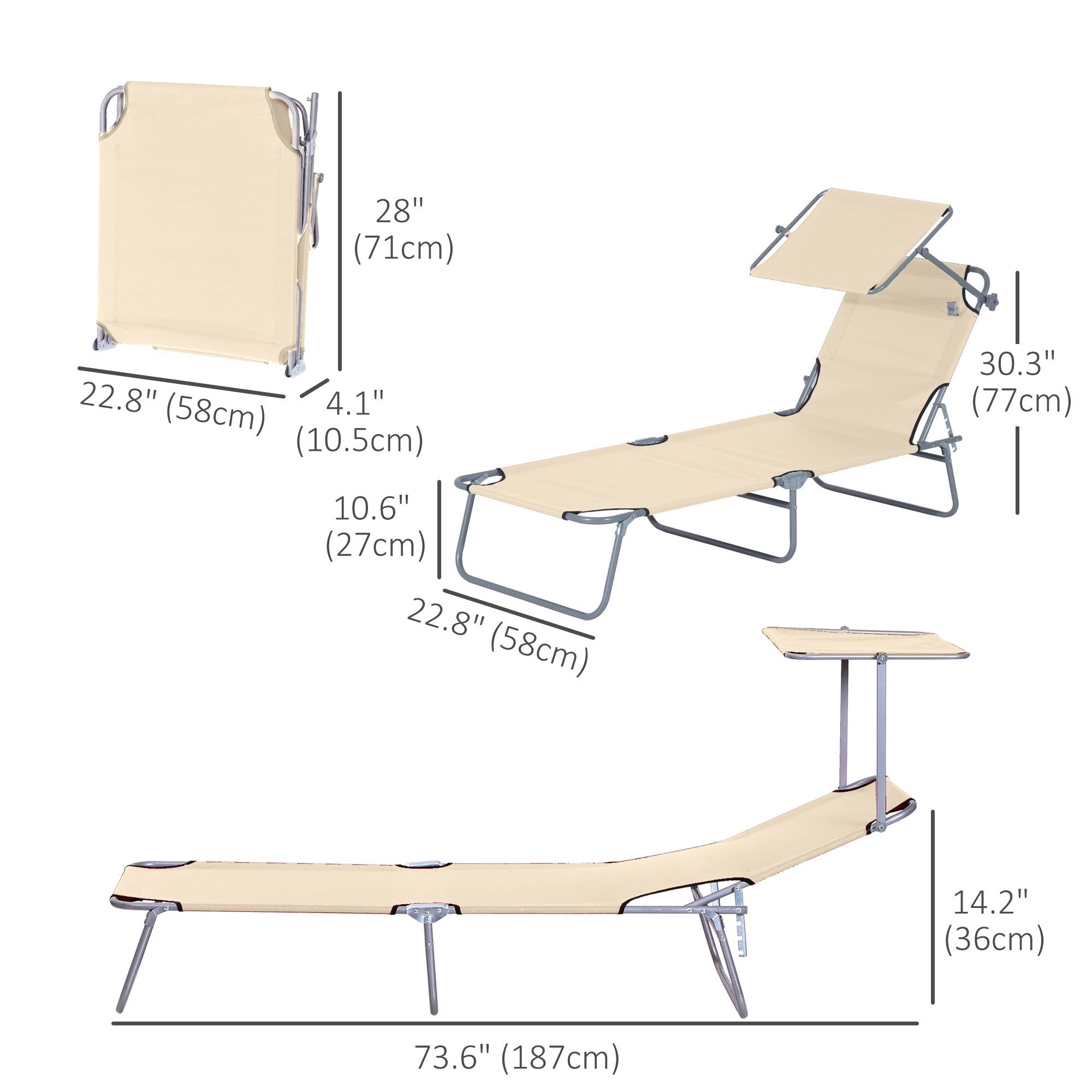 Outsunny Outdoor Lounge Chair with Sun Shade Adjustable for Beach Camping Hiking Backyard Comfortable Beige