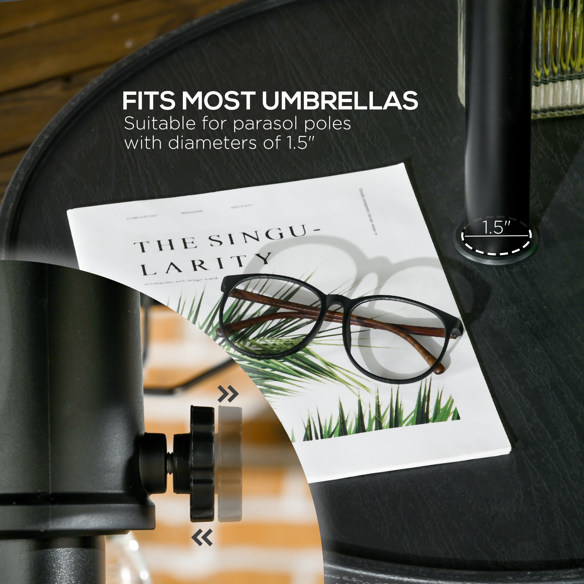 Outsunny Beach Umbrella Table Tray with Wine Glass Holder and Foldable Towel Rack, 23.6", Black