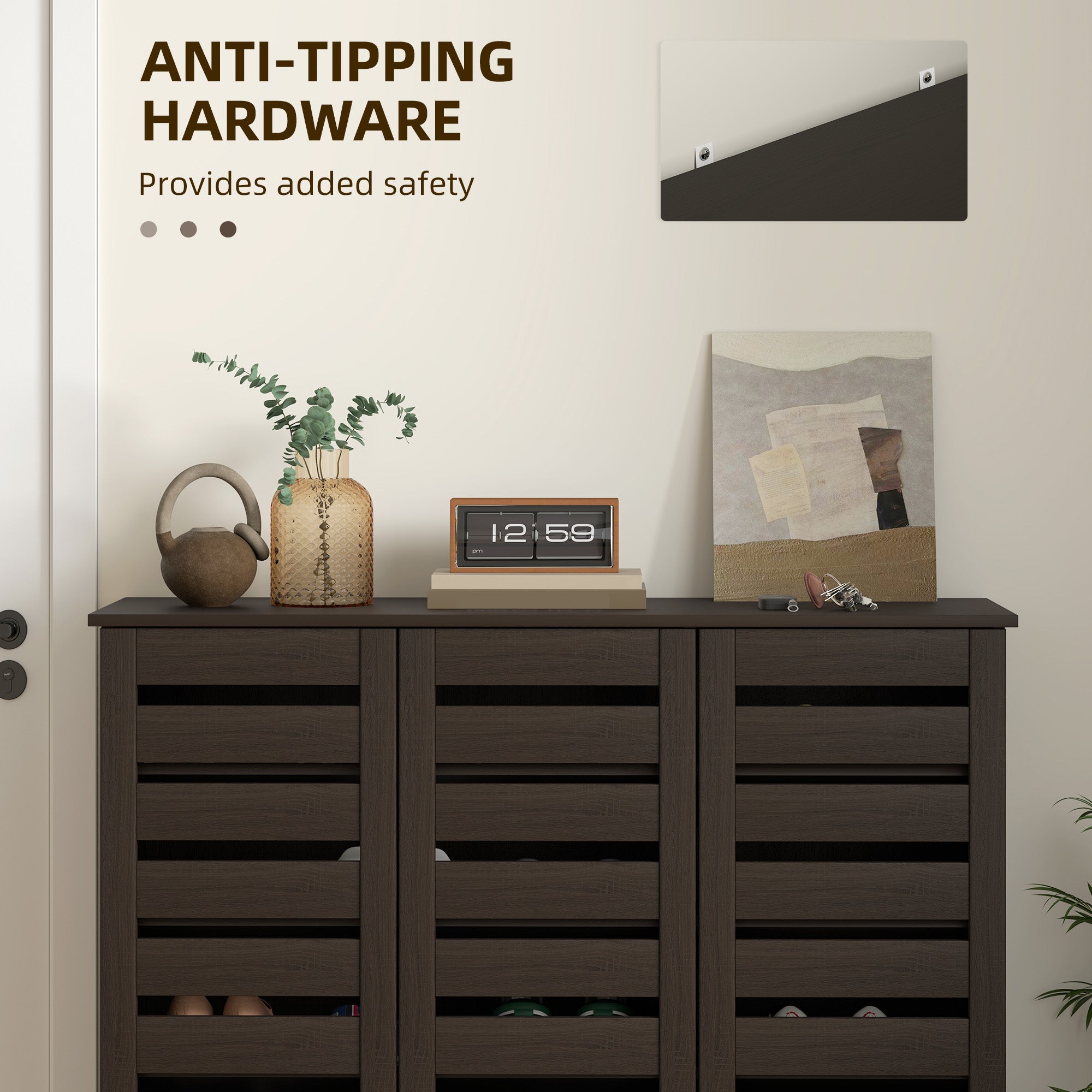 HOMCOM Narrow Shoe Cabinet with Slatted Doors, Adjustable Shelves for 20 Pairs of Shoes, Shoe Cabinet for Entryway, Dark Brown