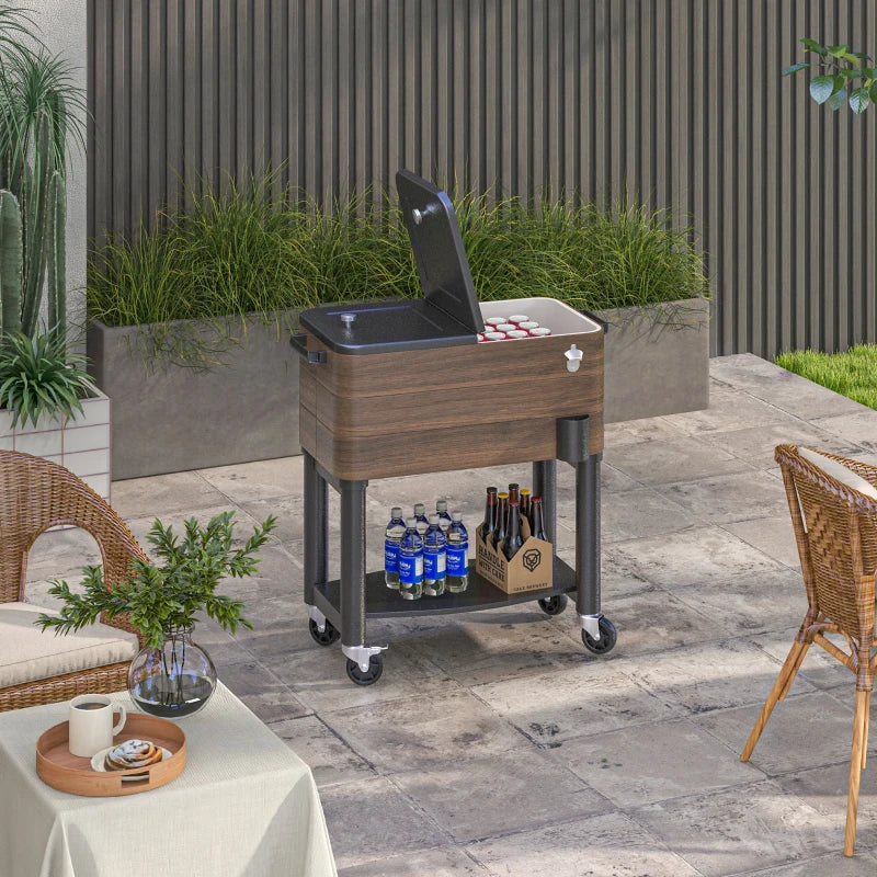 Patio Cooler, 60qt Portable Outdoor Cooler with Locking Wheels, Storage Shelf, Bottle Opener for Patio Backyard, Brown