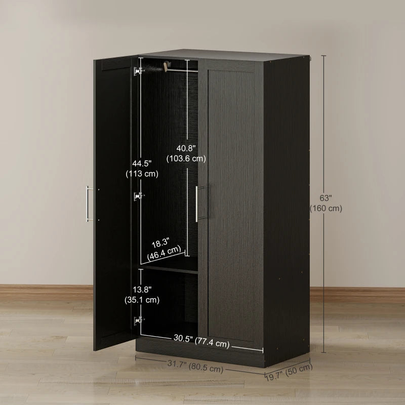Wardrobe Cabinet with 2 Doors and Hanging Rod, Modern Armoire Wardrobe Closet for Bedroom, Black Wood Effect