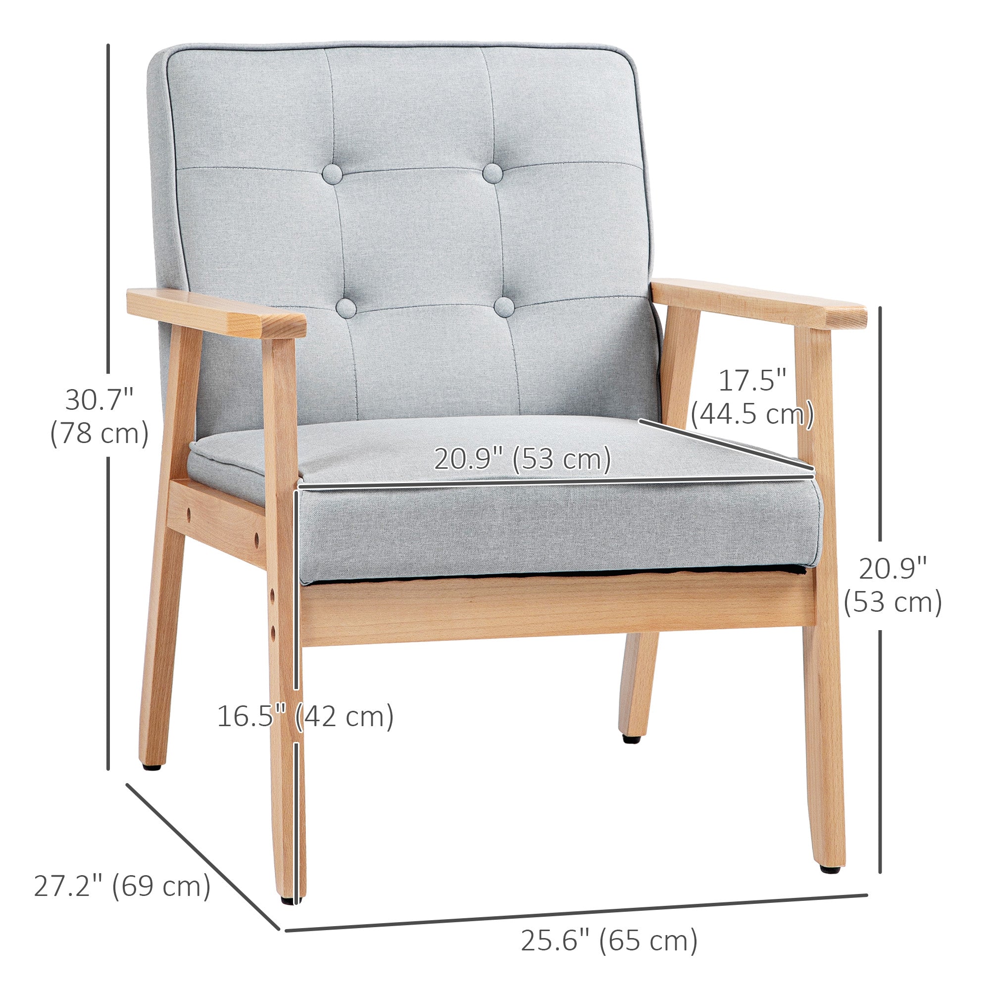 HOMCOM Modern Light Grey Fabric Accent Chair with Tufted Back Wood Legs Thick Padding for Living Room Bedroom