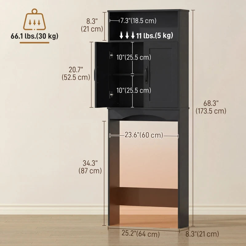 Over the Toilet Storage Cabinet Freestanding Bathroom Organizer with 2 Doors and Open Shelf Black