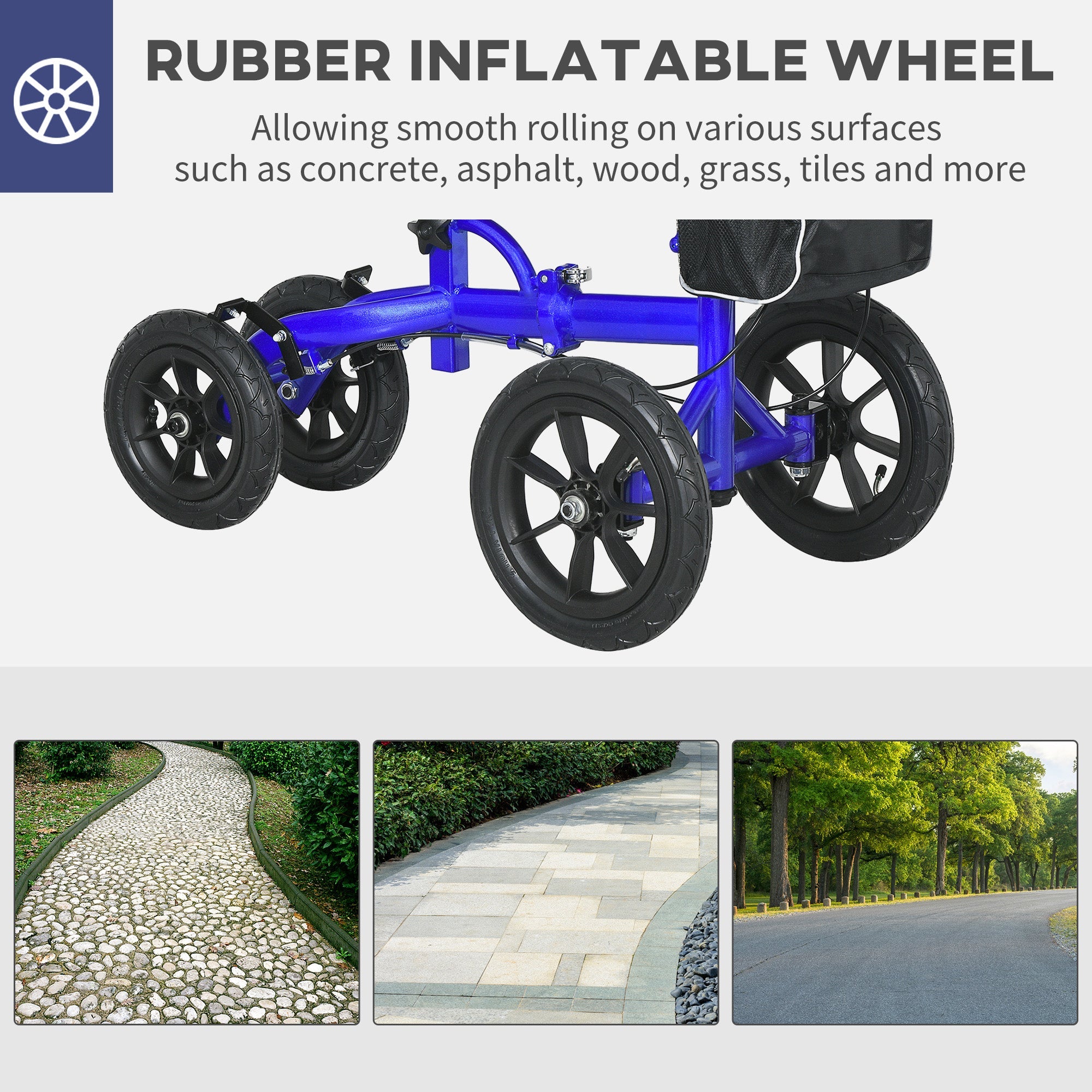 HOMCOM Adjustable Steerable Knee Walker, Foldable Knee Scooter with Rubber Wheels, Dual Brake, Crutch Alternative, Blue