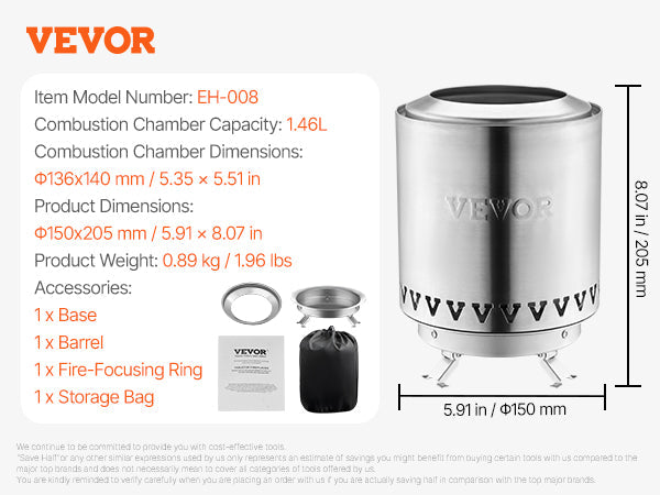 VEVOR Tabletop Fire Pit 6 inch Stainless Steel Fireplace Indoor Outdoor Silver