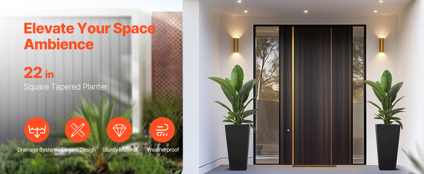 Tall Planter Set of 2 Square Tapered Planters 22 in for Outdoor Indoor