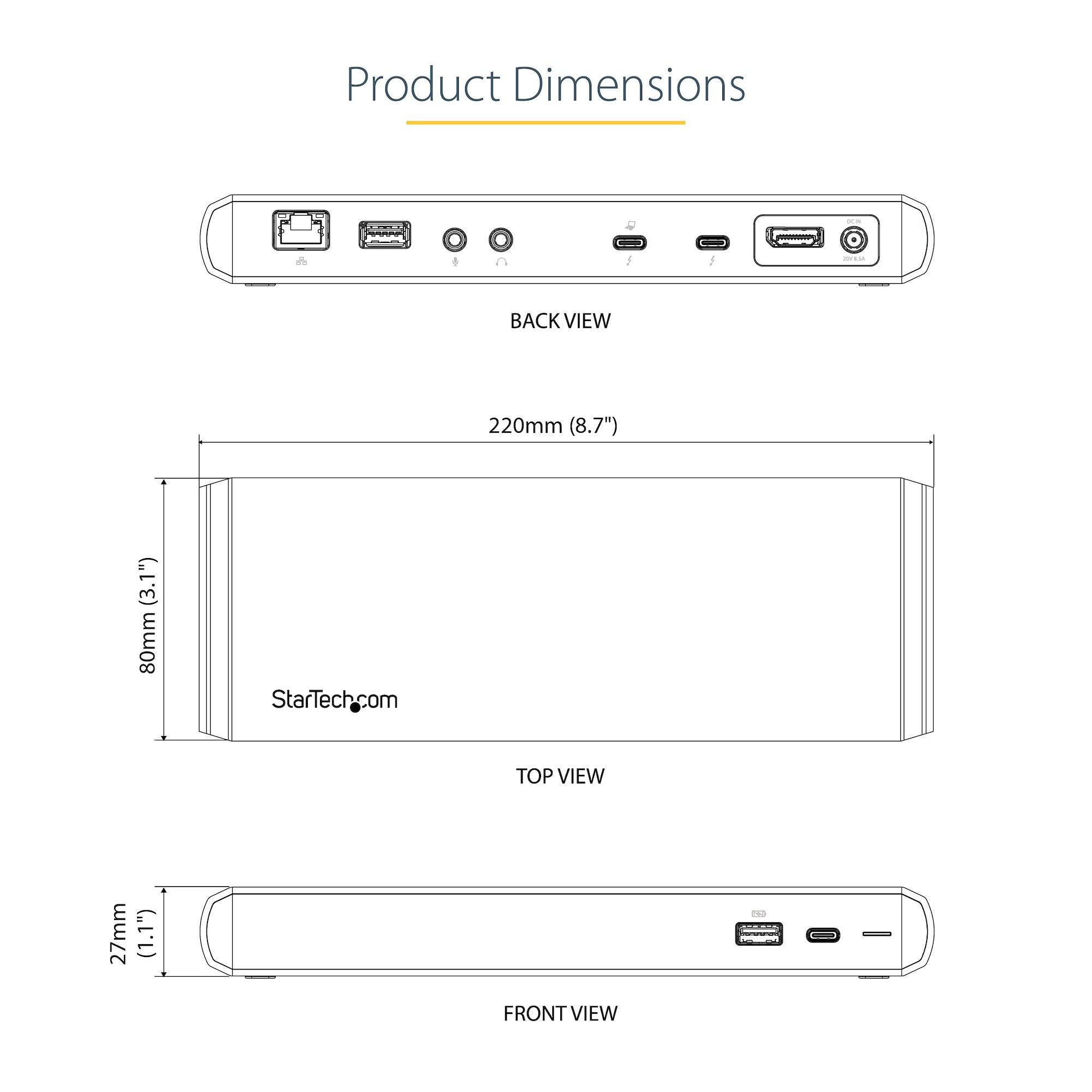 Thunderbolt 3 Dock, Dual Monitor 4K 60Hz TB3 Laptop Docking Station, DisplayPort, 85W PD, 3x USB, GbE