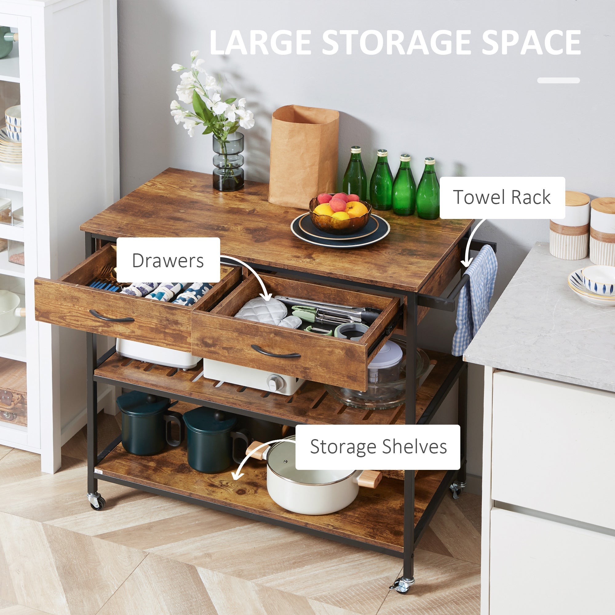 HOMCOM Industrial Ingenuity: Rolling Kitchen Island Cart with Drawers, Storage Shelves, Towel Rack, Rustic Brown Finish