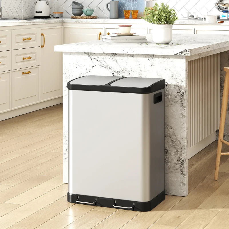 Kitchen Garbage Bin, 2 x 7.9 Gal (2 x 30 L) Trash Can, Soft-Close Garbage Can with Removable Inner Buckets, Silver
