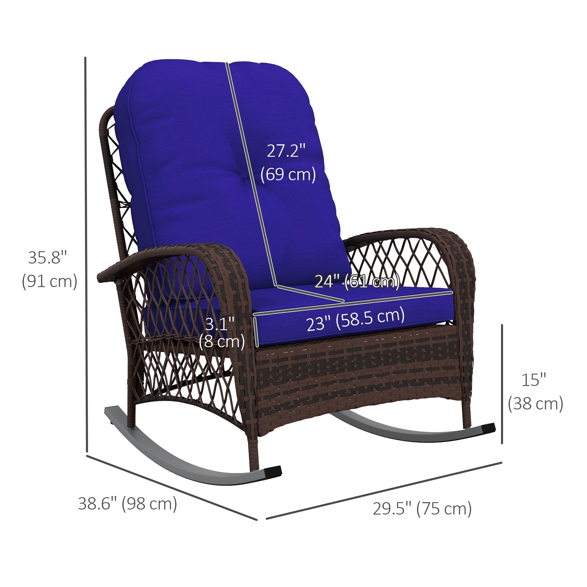 Outsunny Outdoor Wicker Rattan Rocking Chair Patio Rocker with Thick Cushions for Garden Backyard Porch, Dark Blue