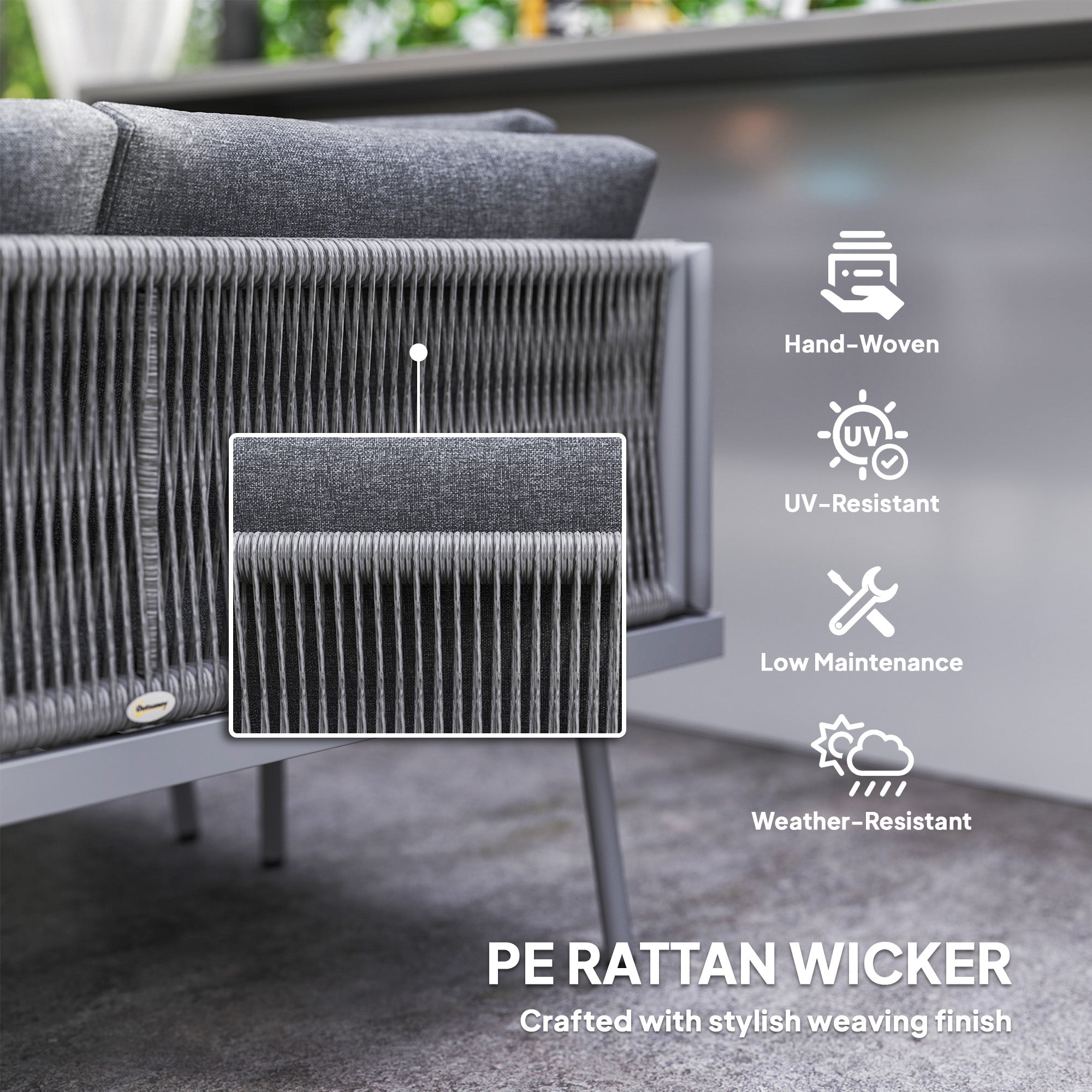 Outsunny 3 Pieces Outdoor Furniture Set, L Shaped Wicker Patio Furniture Conversation Set with Cushions, Steel Table, Grey