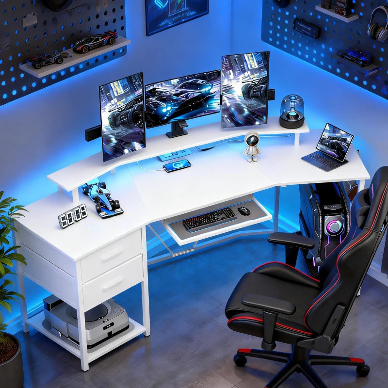 79 inch Gaming Desk with RGB Lights, Computer Table with Power Outlets & USB Ports, Keyboard Tray and 2 Drawers, White