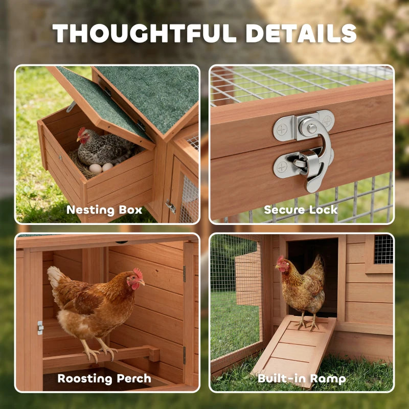 72" Chicken Coop, Wooden Hen House for 2 Chickens, Poultry Cage with Run, Nesting Box, Removable Tray, Waterproof Roof