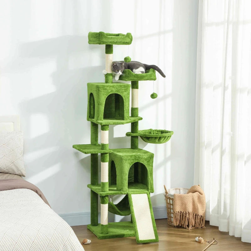 Cat Tree, 70" Multi-Level Cat Tower with 2 Condos, 2 Perches, Hammock, Toy Balls, Scratching Posts and Board, Green