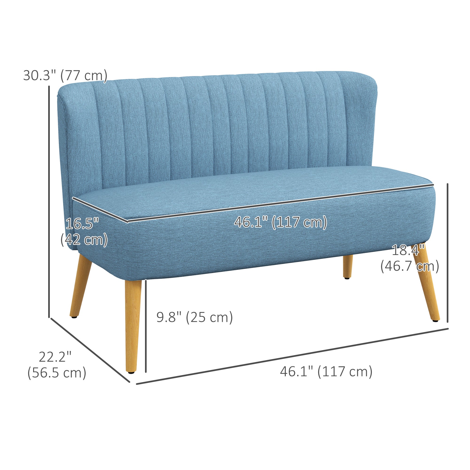 HOMCOM Modern 2 Seat Sofa for Bedroom, Upholstered Two Seater Couch with Rubber Wood Legs, Blue
