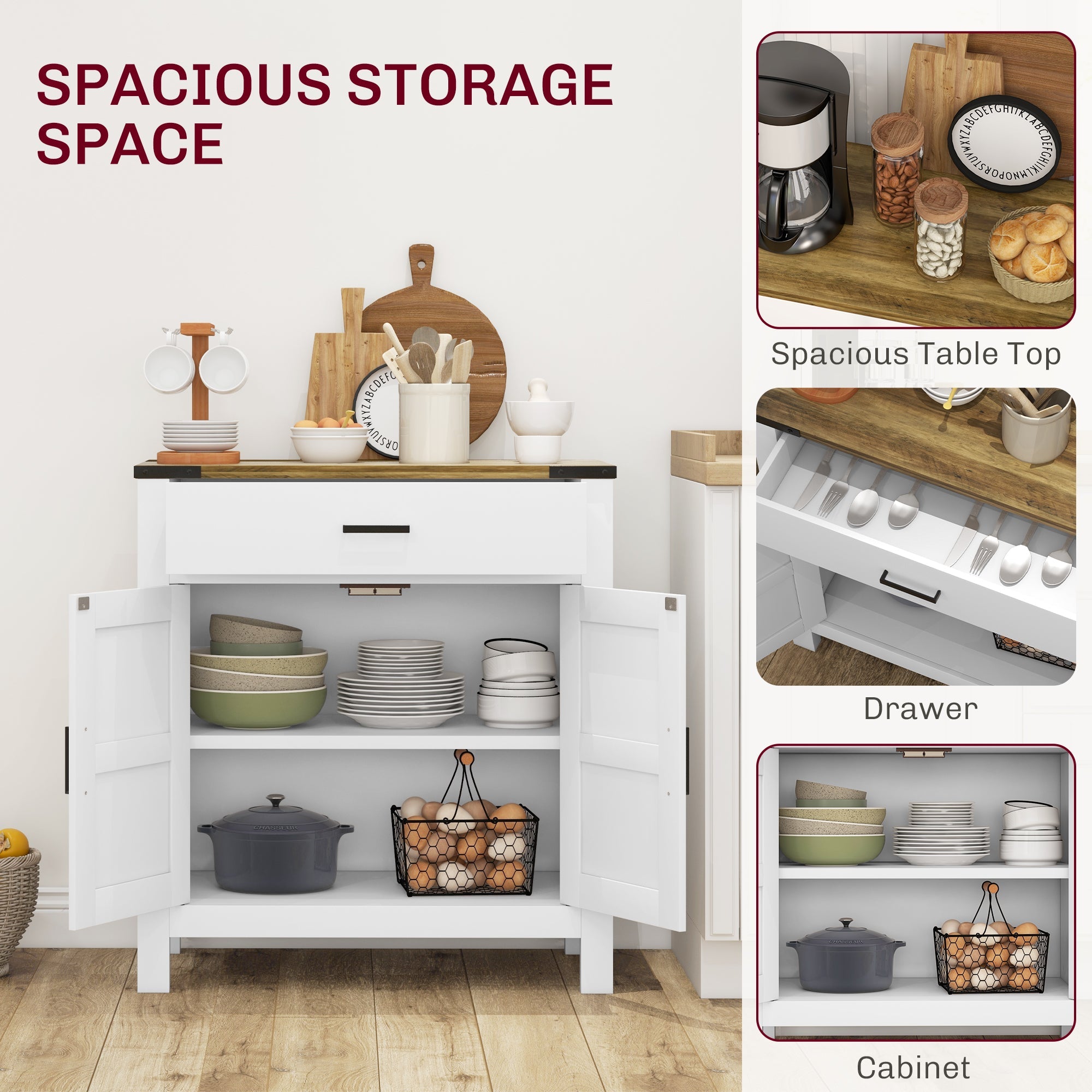 HOMCOM Farmhouse Buffet Cabinet Sideboard with 1 Drawer, 1 Storage Cabinet and Adjustable Shelf, White