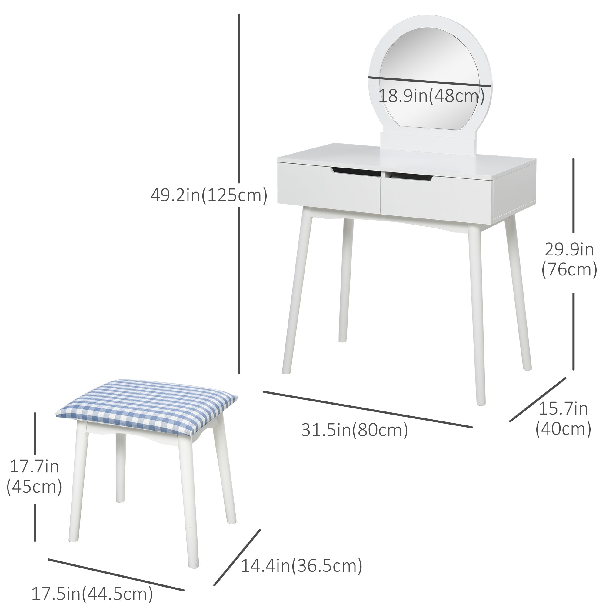 HOMCOM Chic White Vanity Set with Round Mirror Cushioned Stool Makeup Table 2 Large Drawers Sliding Rails