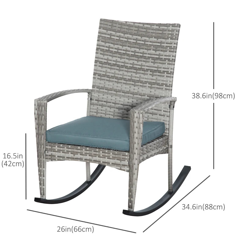 Outdoor PE Rattan Rocking Chair, Garden Glider Rocking Chair, Wicker Patio Chair Set with Armrest and Cushion, Grey