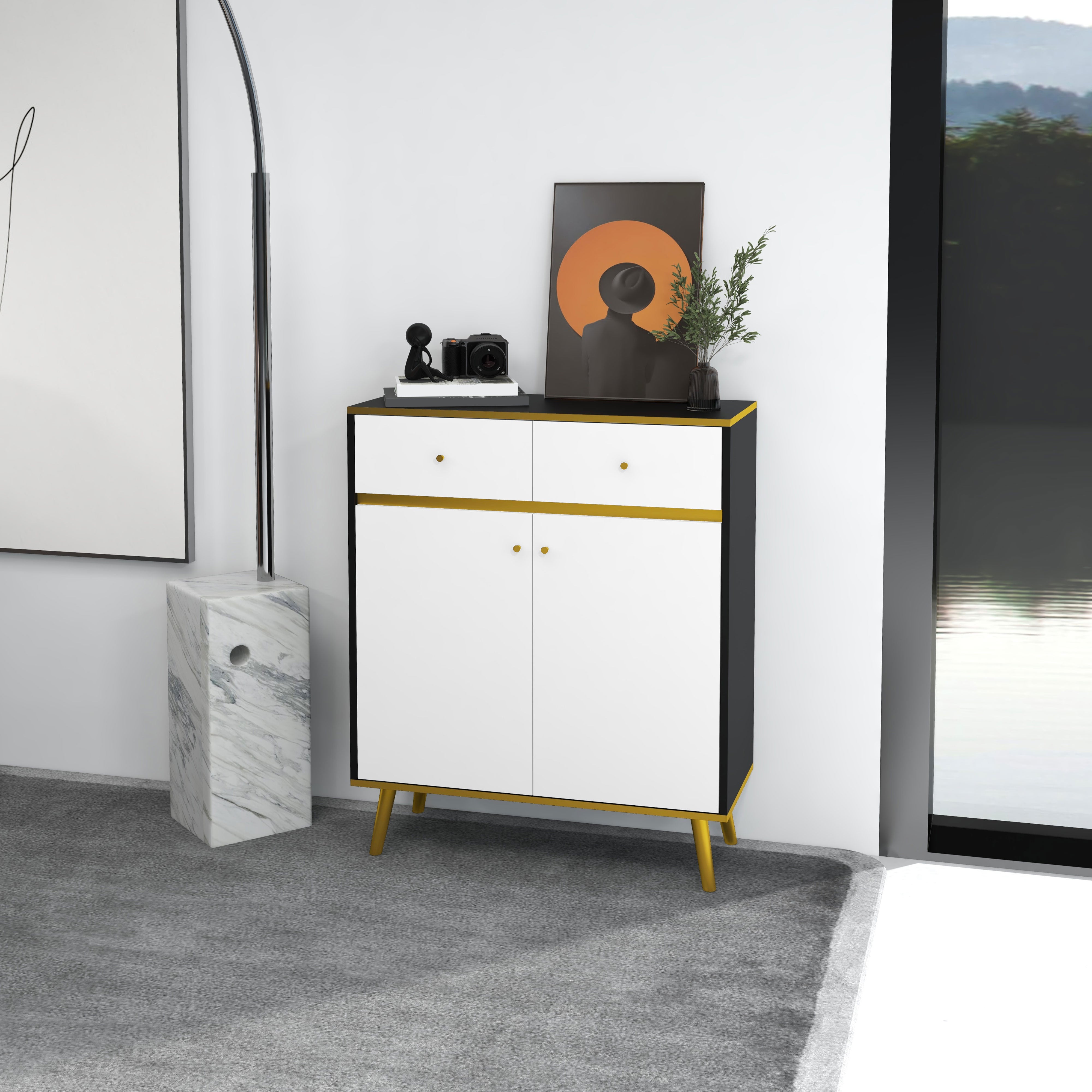 HOMCOM Modern Accent Allure: Buffet Sideboard with Glossy Doors, Drawers, Pine Legs for Living Room, White Finish