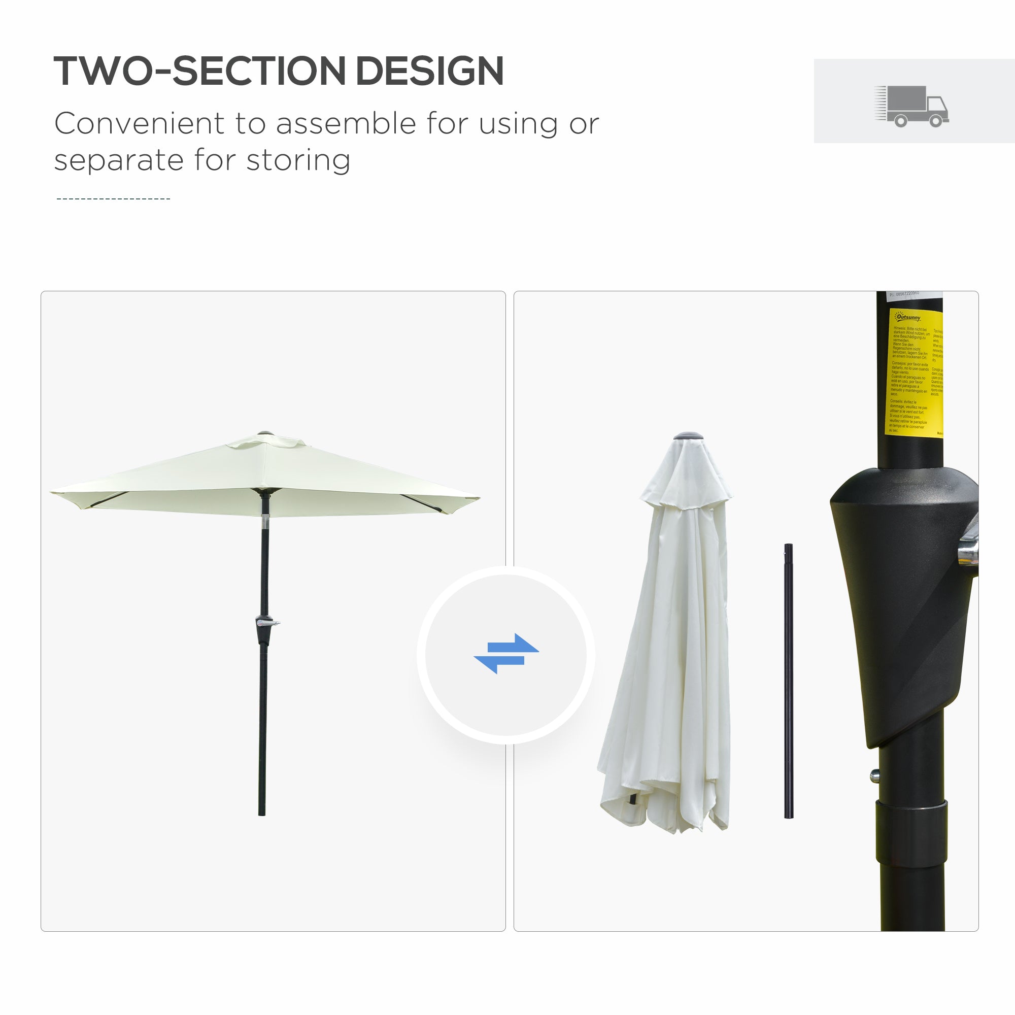 Outsunny Patio Sun Umbrella, Outdoor Parasol with 6 Ribs, Cream White