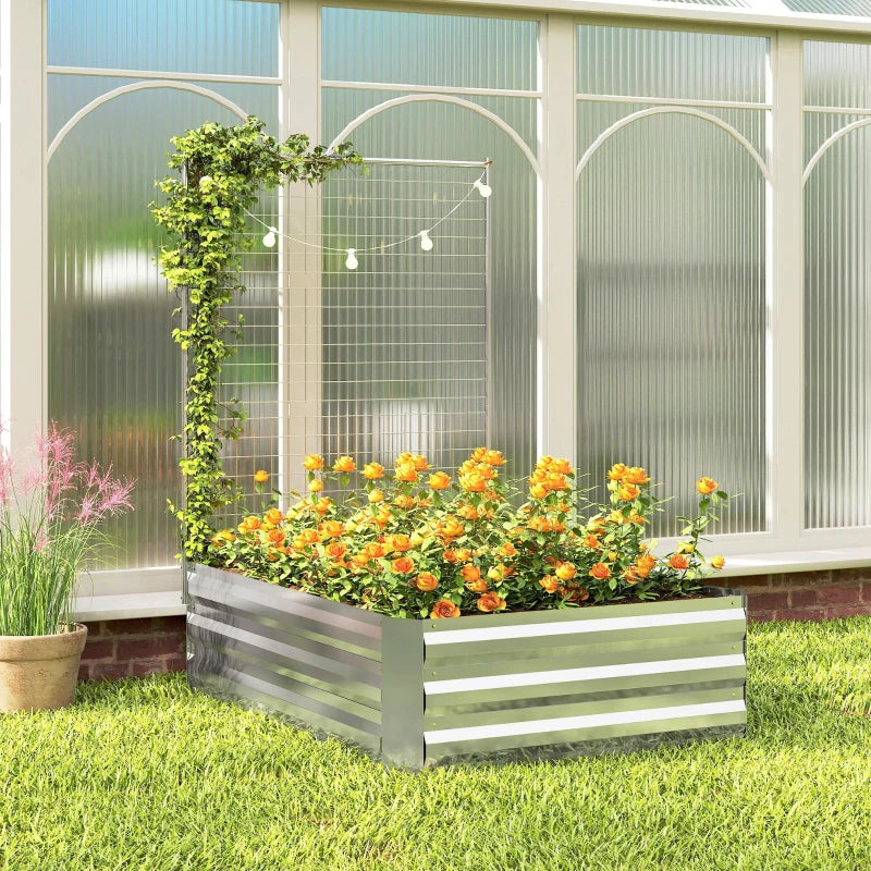 Galvanized Raised Garden Bed with Trellis for Climbing Plants, Outdoor Planter Box with Open Bottom, Silver