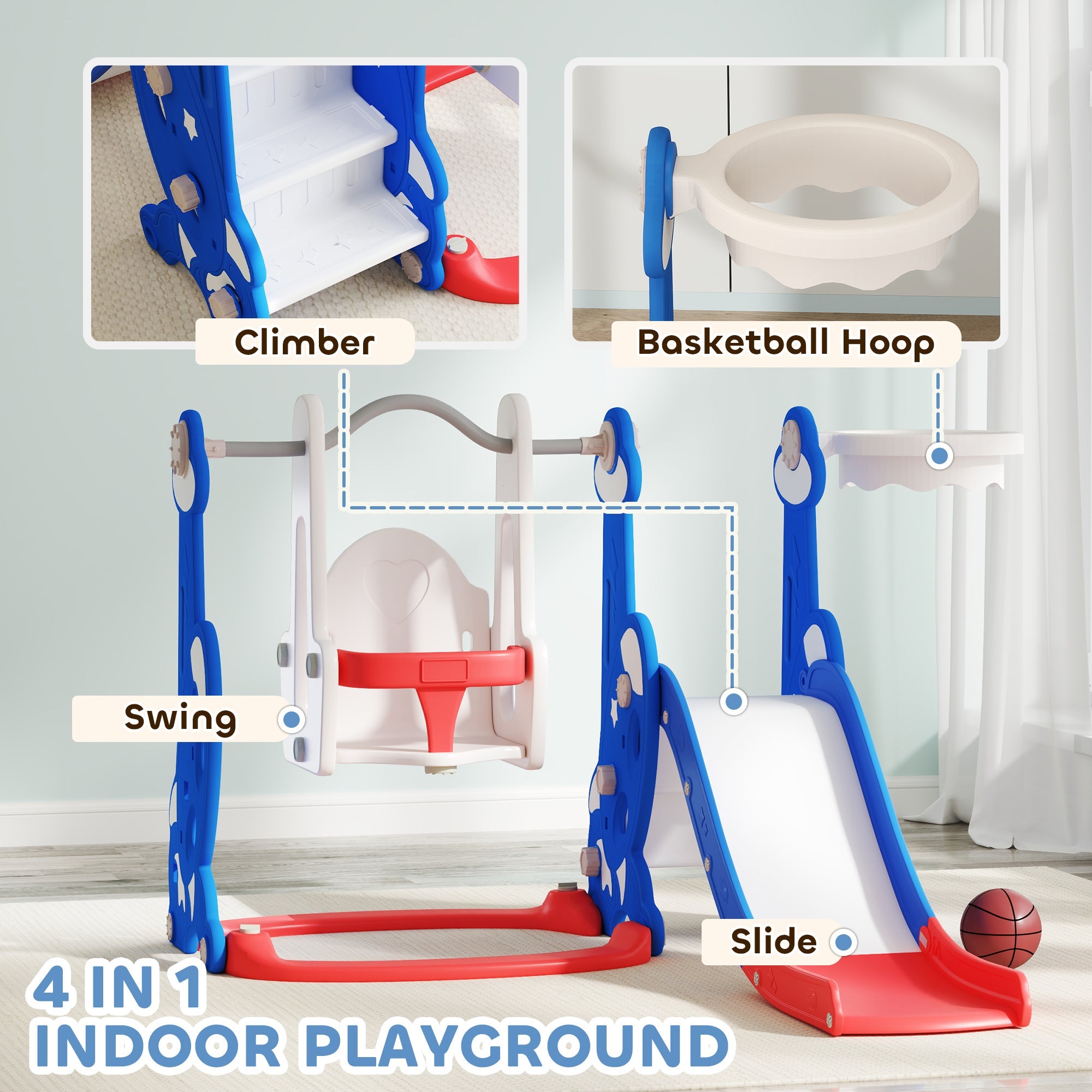 Qaba 4-in-1 Slide and Swing Set with Basketball Hoop, Climber, for Ages 1.5-4 Boys Girls Toddler, Rocket Themed, Dark Blue