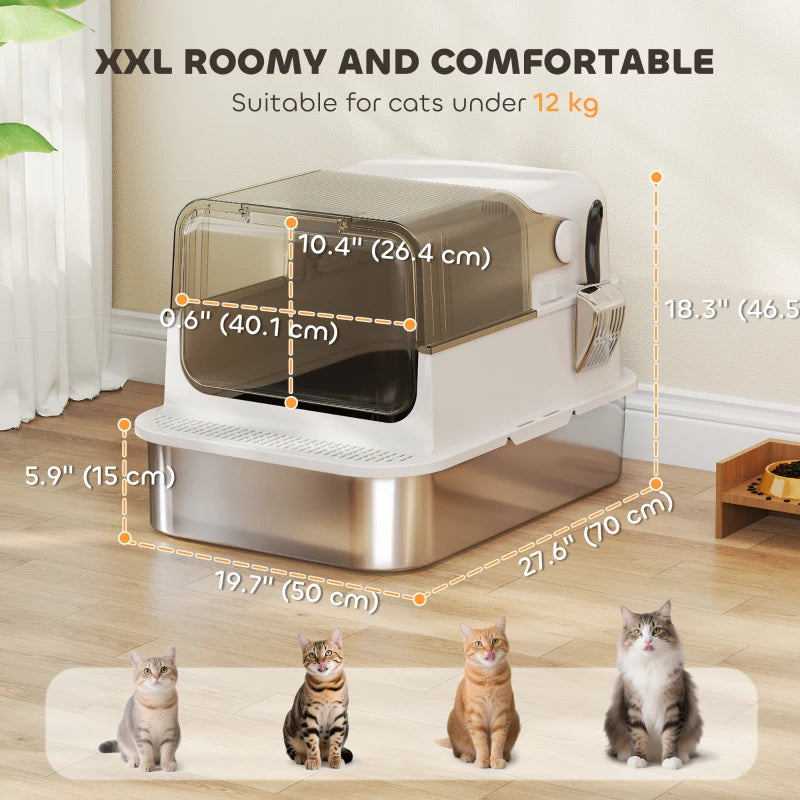 Stainless Steel Cat Litter Box, Easy-Clean Enclosure with Scoop & Flip Lid, 27.6" L x 19.7" W x 18.3" H, White