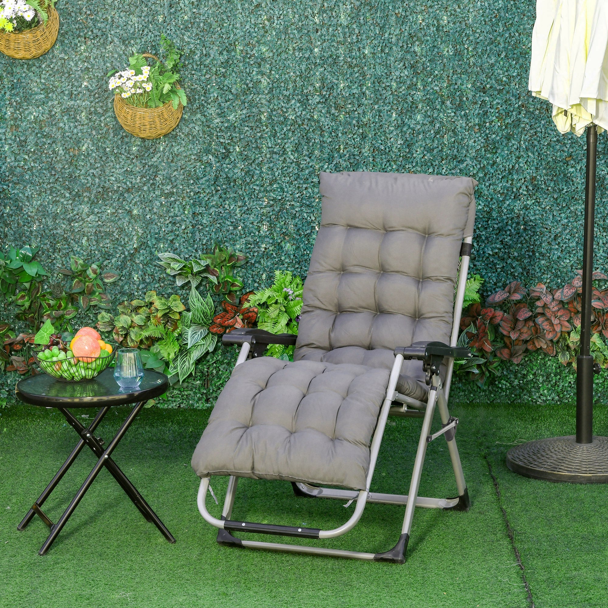 Outsunny Zero Gravity Reclining Chair Folding Garden Sun Lounger with Cushion Grey Relaxation
