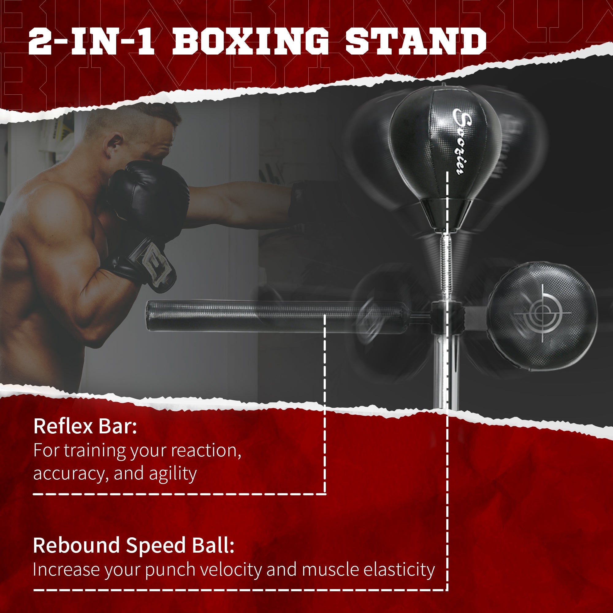 Soozier Boxing Speed Trainer with Stand, Reaction Bar Challenge, Reflex Bag, 64-81in Adjustable Height, Red and Blue