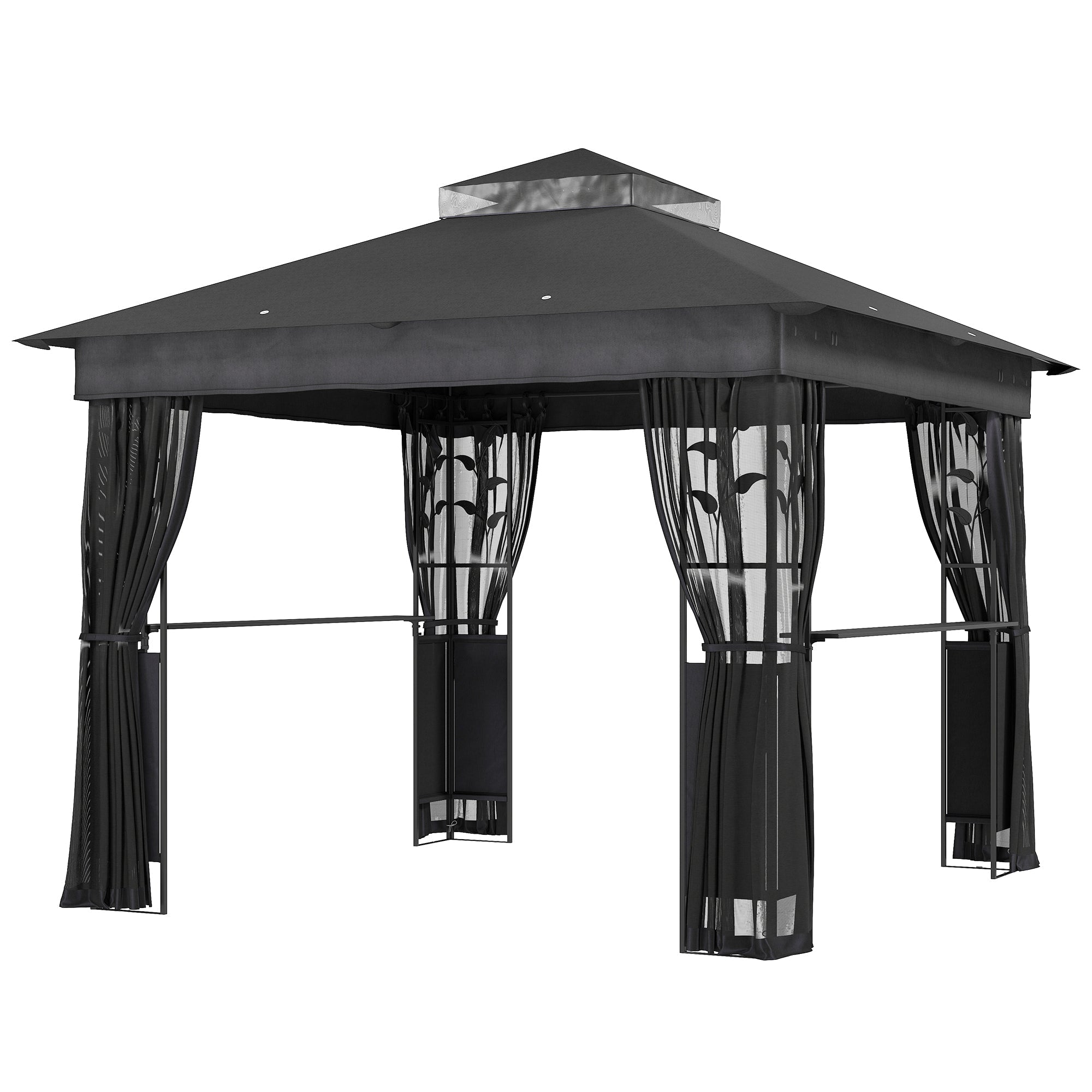 Outsunny 10' x 10' Outdoor Gazebo with Shelves and Netting, UV30+ Double Roof Patio Gazebo for Lawn, Backyard and Deck
