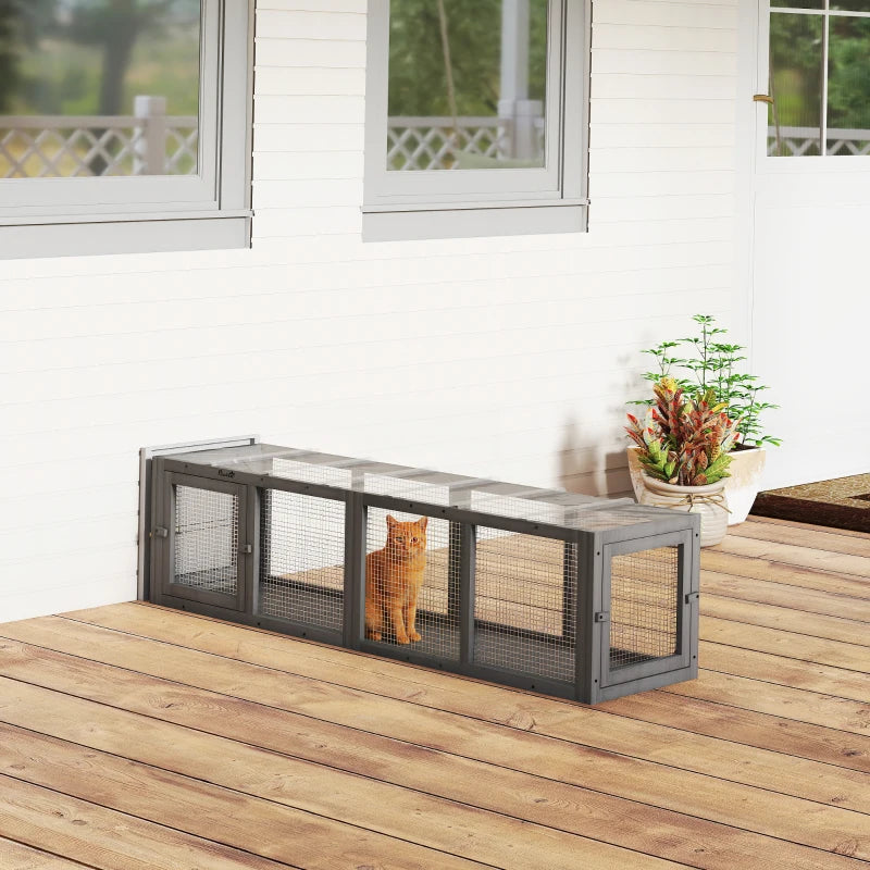Outdoor Cat Tunnel, Wooden Play Cat Enclosure, Extendable Pet Run with 3 Doors, for Indoor and Outdoor Use, Grey