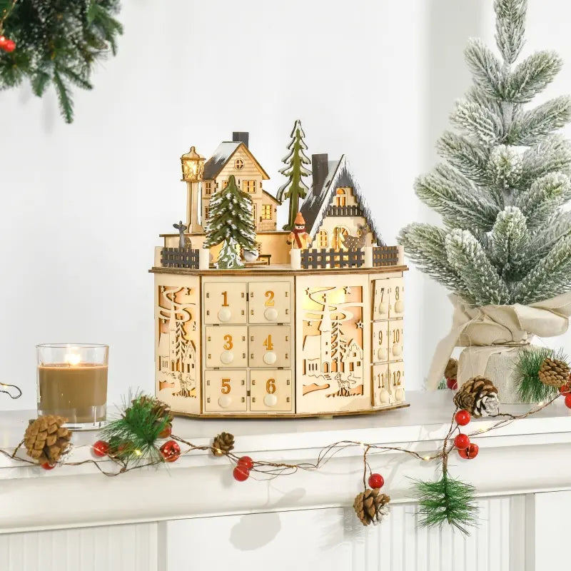 HOMCOM Christmas Advent Calendar, Light Up Table Xmas Wooden Holiday Decoration with Countdown Drawers and Village, for Kids and Adults, Natural