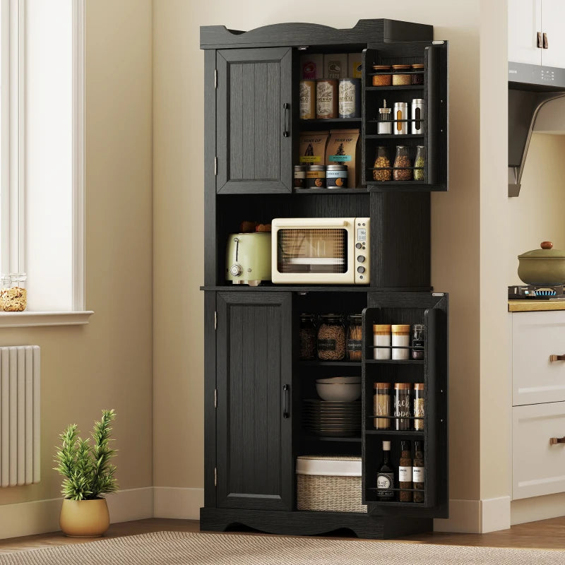 73" Kitchen Pantry Cabinet, Freestanding Kitchen Hutch with 12 Door Shelves, Adjustable Shelves, Microwave Stand, Black