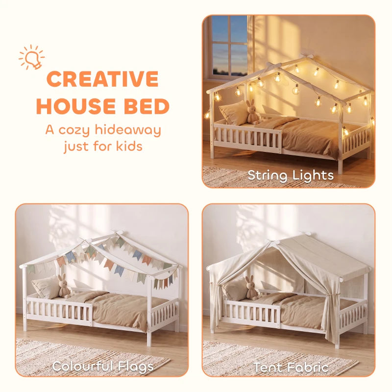 Twin House Bed Frame with Roof, Solid Wood Montessori-Style Kids Bed with Guardrails – White