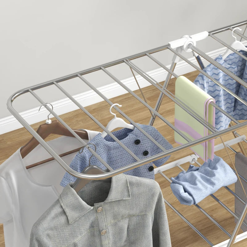 Clothes Drying Rack, 2-Tier Stainless Steel Foldable Laundry Rack with Adjustable Wings and Shoe Holders, Silver
