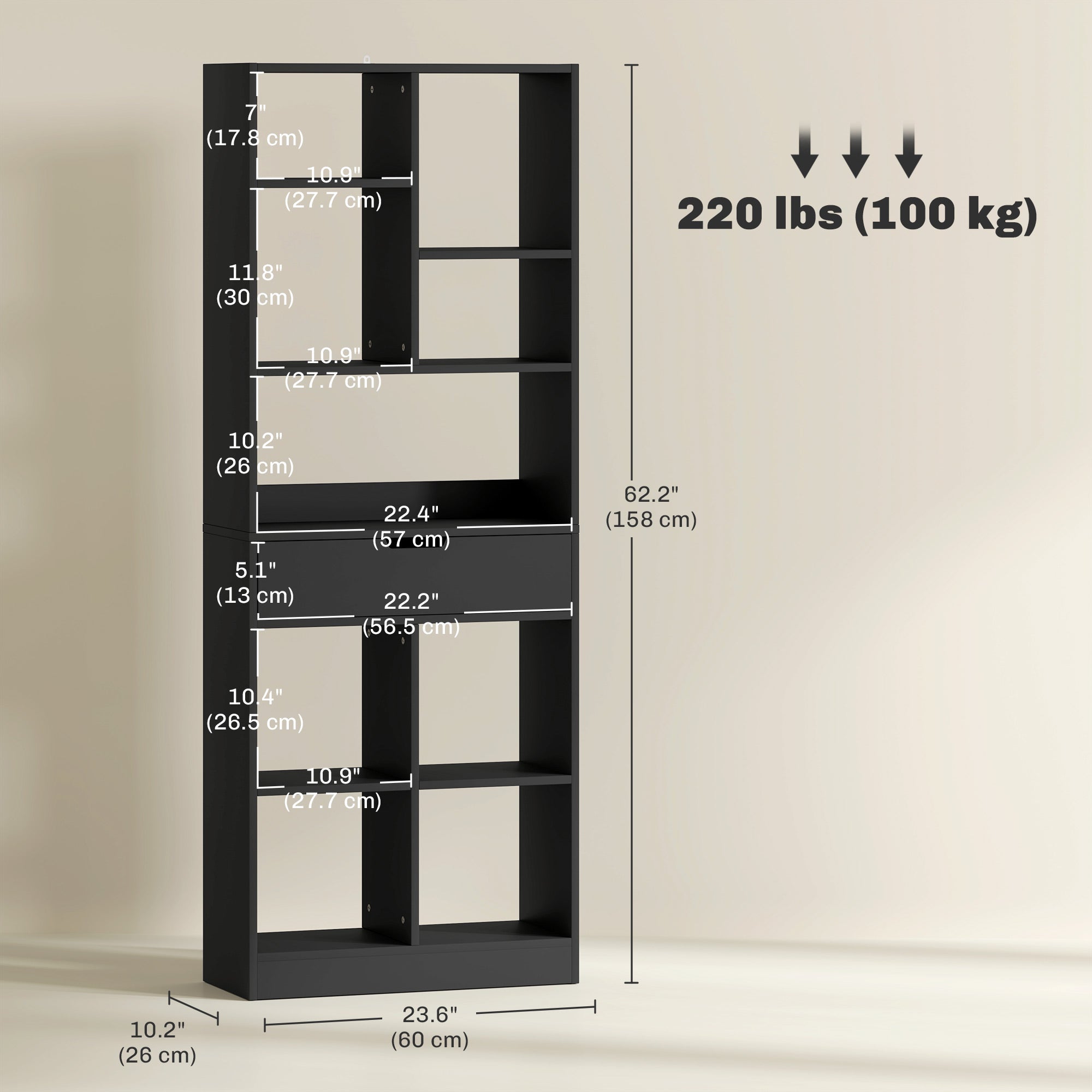 HOMCOM Tall Bookshelf with Drawer, Freestanding Bookcase for Bedroom, Living Room, Home Office, Black
