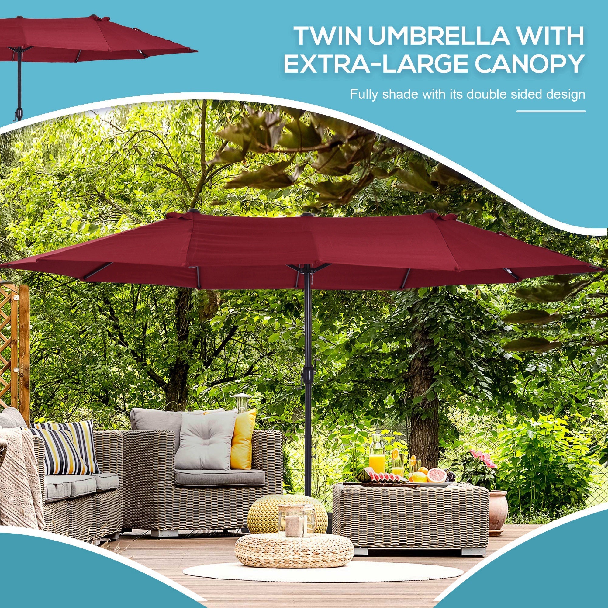 Outsunny 15' Double Canopy Patio Umbrella Sunshade Steel w Lift Crank Wine Red