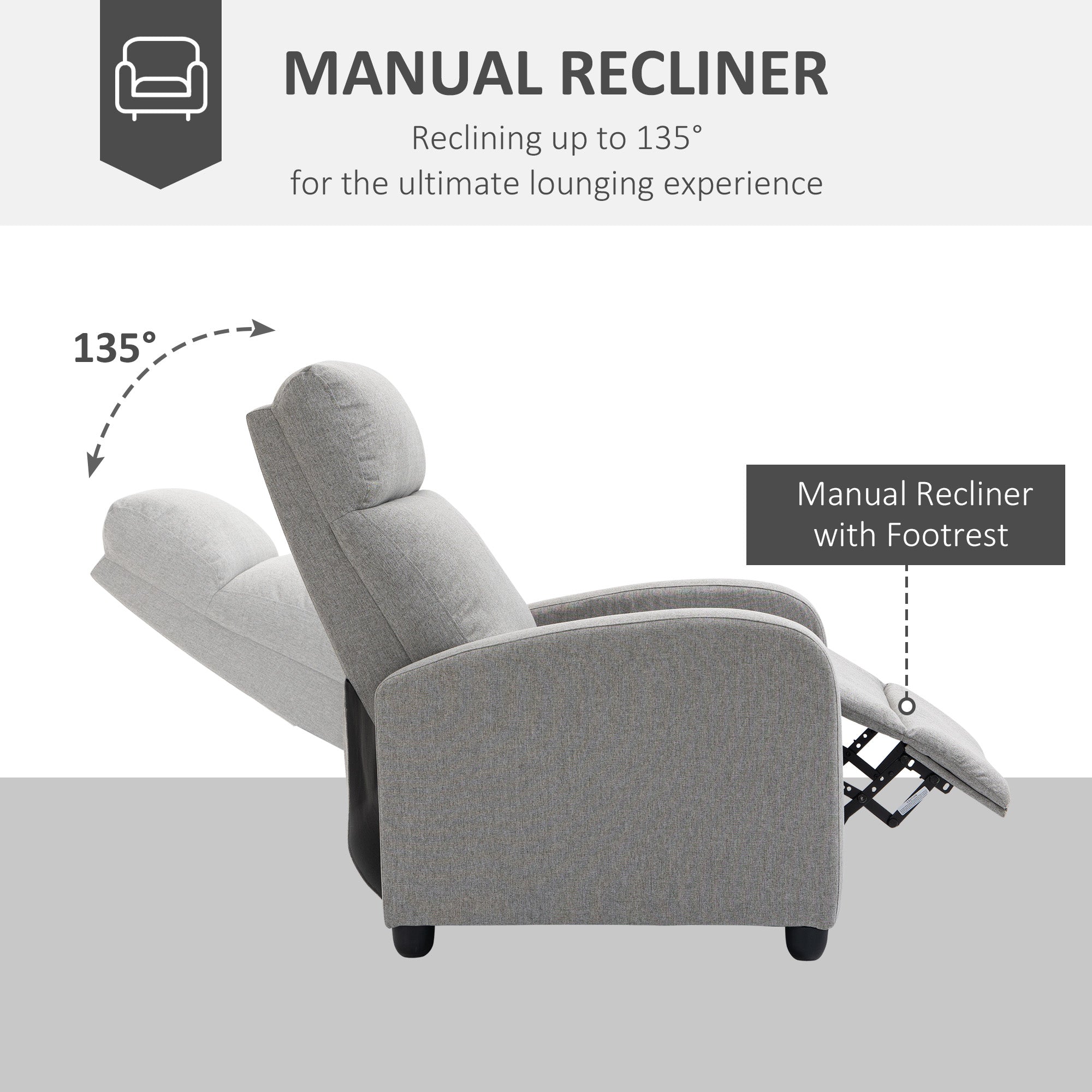 HOMCOM Fabric Recliner Theater Chair: Linen-Touch Single Sofa, Armchair for Living Room, Light Grey