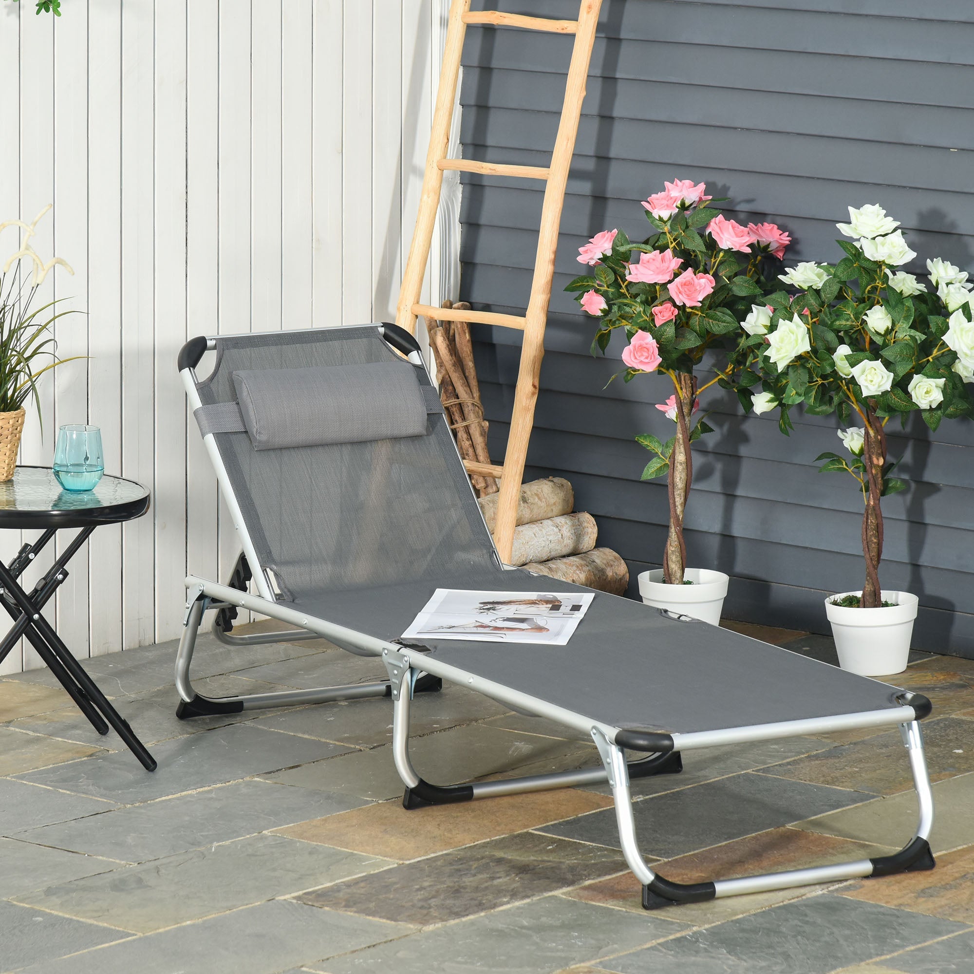 Outsunny Adjustable Folding Lounge Chair Patio Recliner with Headrest Aluminum Frame 5-Position Gray