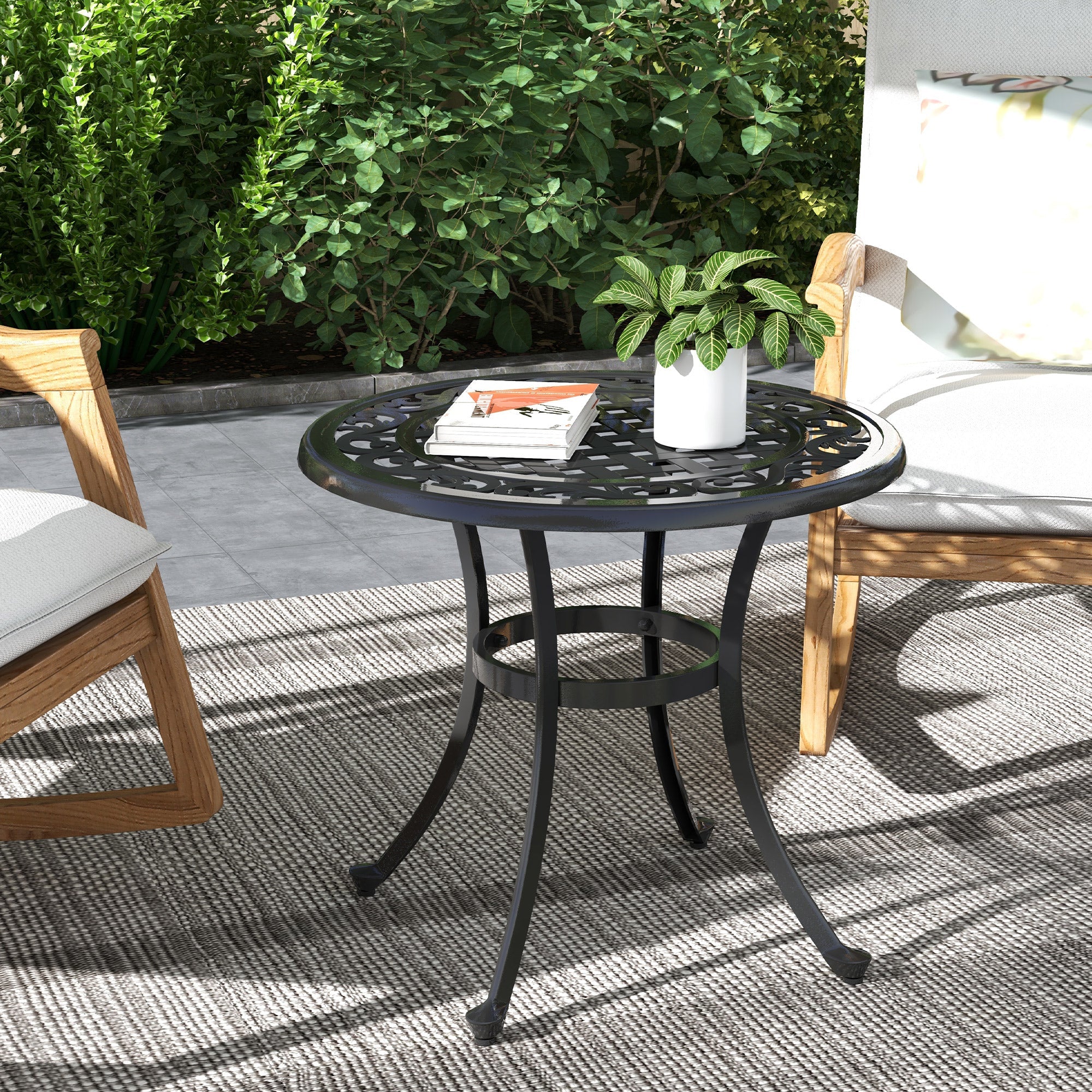 Outsunny Patio Table, Round Side Table with Cast Aluminium Frame, Adjustable Feet for Patio, Garden, Balcony, Black