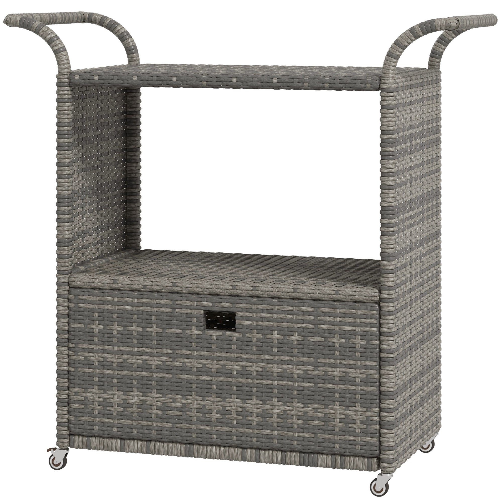 Outsunny Patio PE Wicker Garden Serving Cart 2-Tier Shelf Wheeled Rattan Food Cart with Handles for Poolside Grey