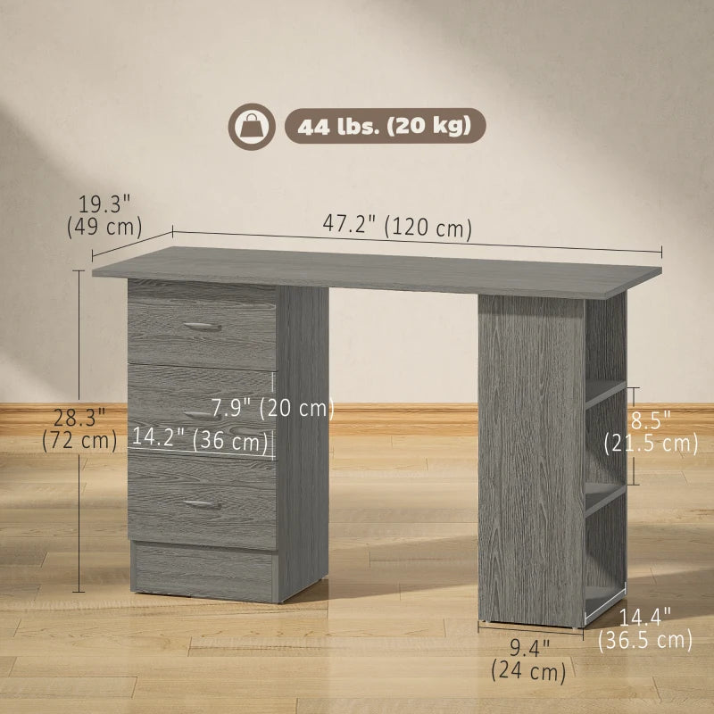 Computer Desk, 47" Writing Table with 3-Tier Shelves and 3 Reversible Drawers for Home Office, Bedroom, Grey