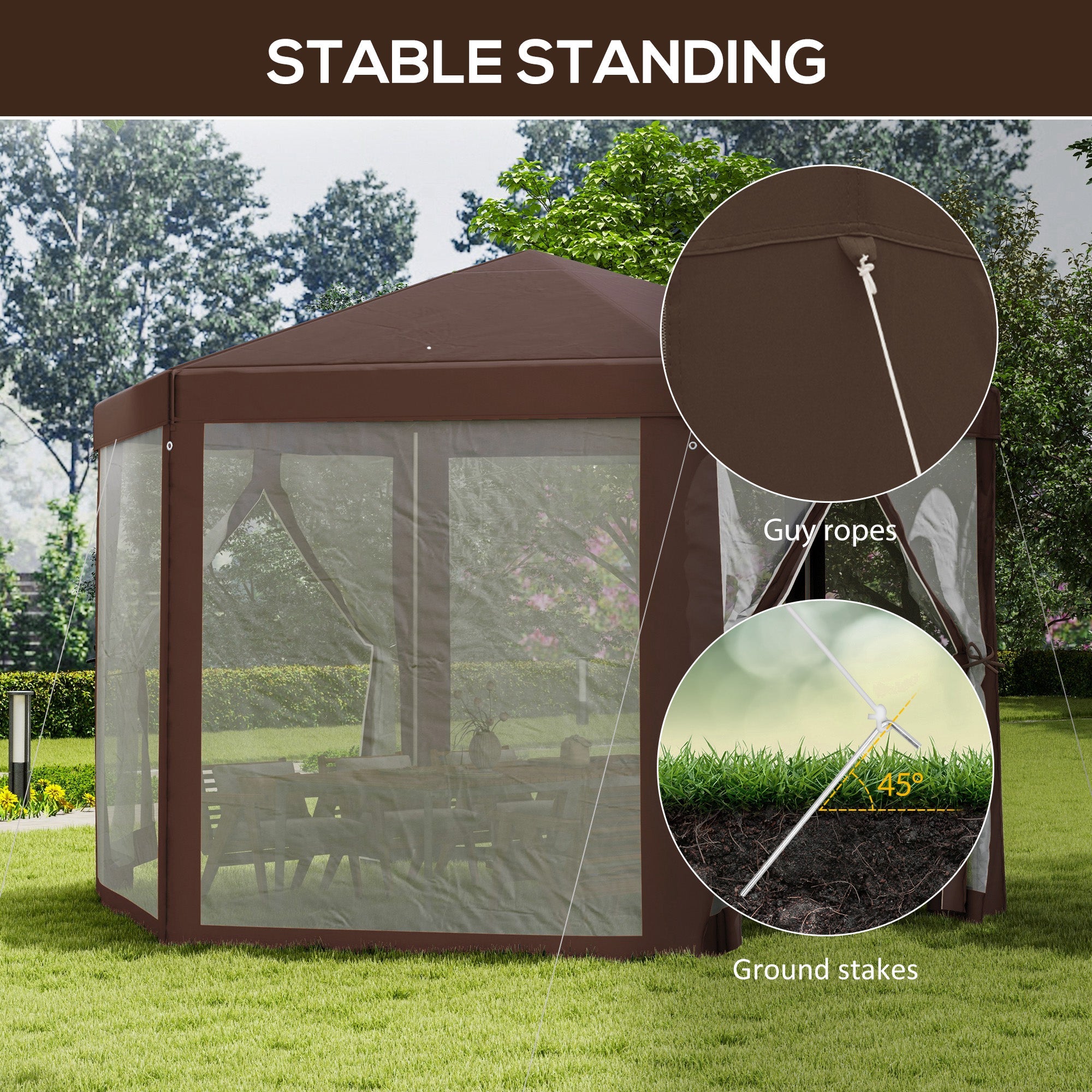 Outsunny 13' x 13' Hexagonal Party Tent, Canopy Tent with Nettings, Zipped Doors for Garden, Patio, Outdoor, Brown