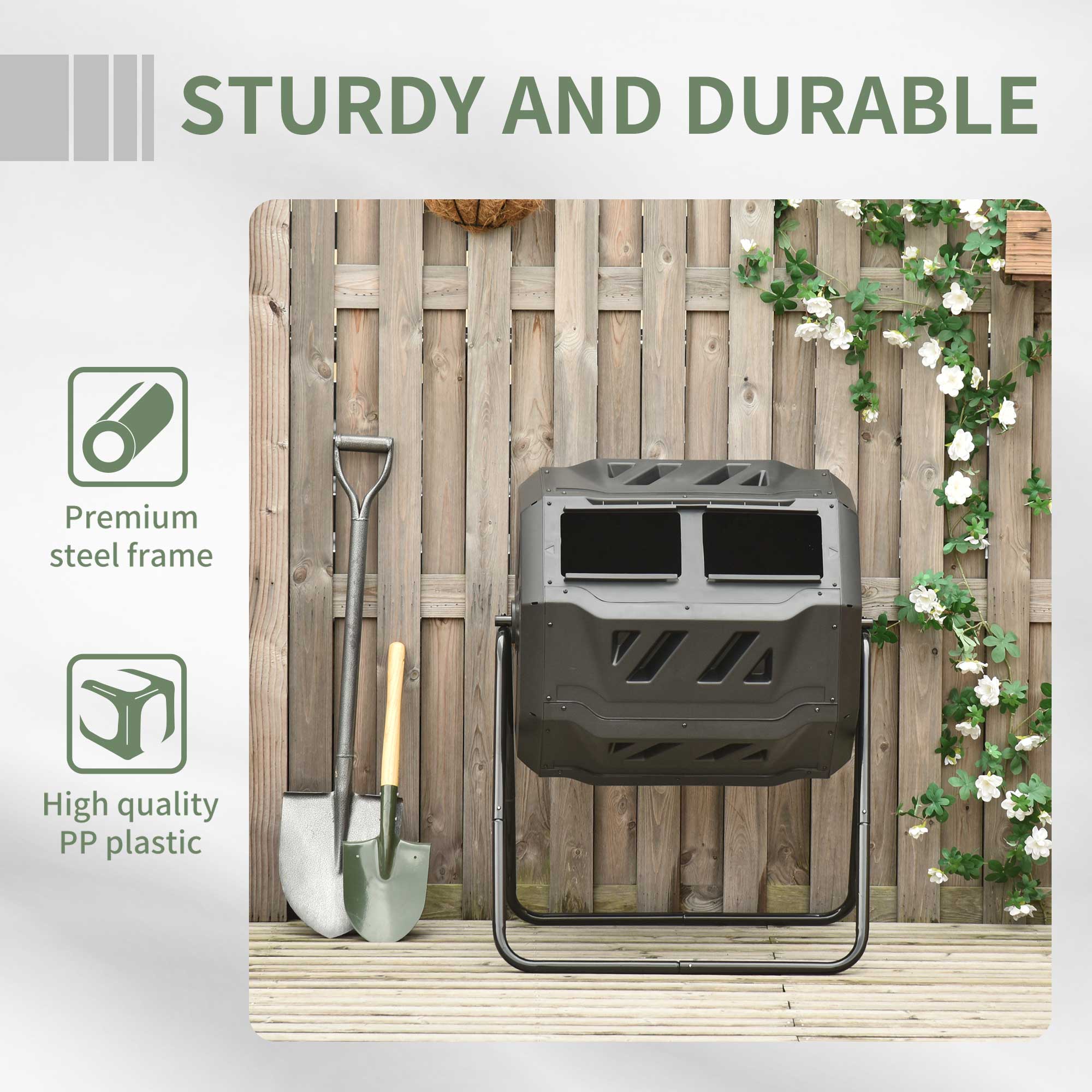 Outsunny Tumbling Compost Bin Outdoor Dual Chamber 360° Rotating Composter 43 Gallon w/ Sliding Doors & Solid Steel Frame, Green
