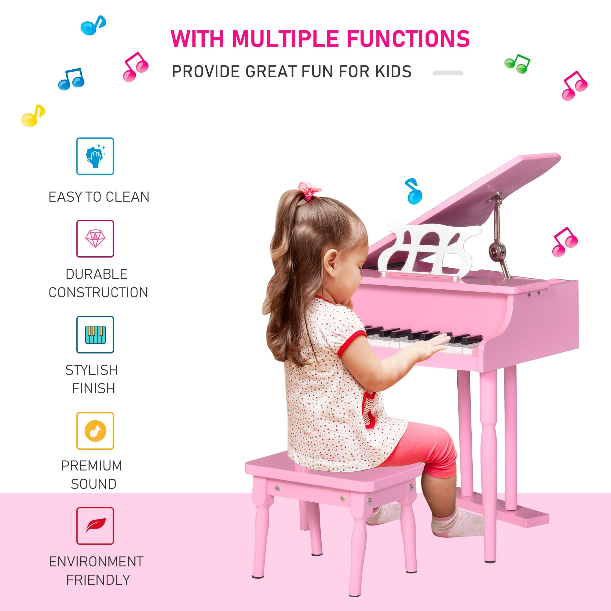 HOMCOM Kids Grand Piano 30 Keys Mini Musical Toy with Music Stand Bench Set of 2 Ideal Gift for Children Pink