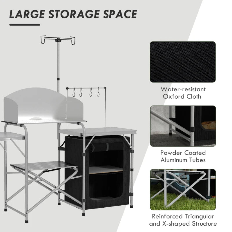Camping Kitchen Table, Aluminum Folding Camping Table with Storage Organizer, Windshield, Light Stand, Bag, Silver