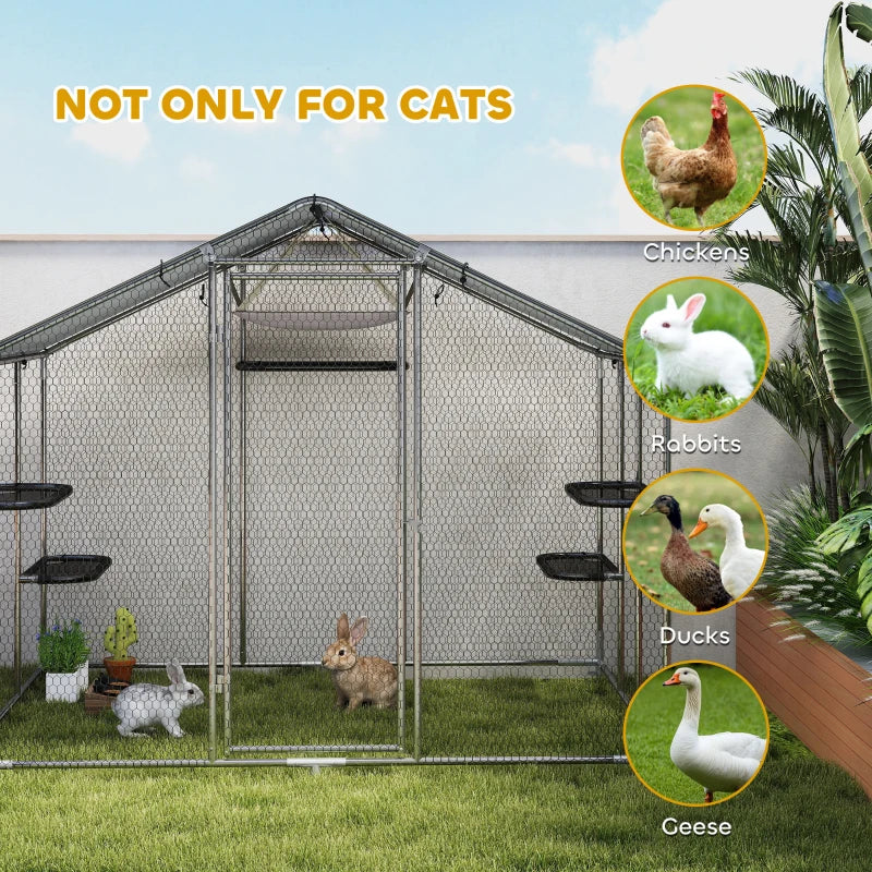 Large Catio Outdoor Cat Enclosure with Waterproof Cover, Walk-in Cat Patio w/ 5 Adjustable Platforms & Hammock 94.5" W