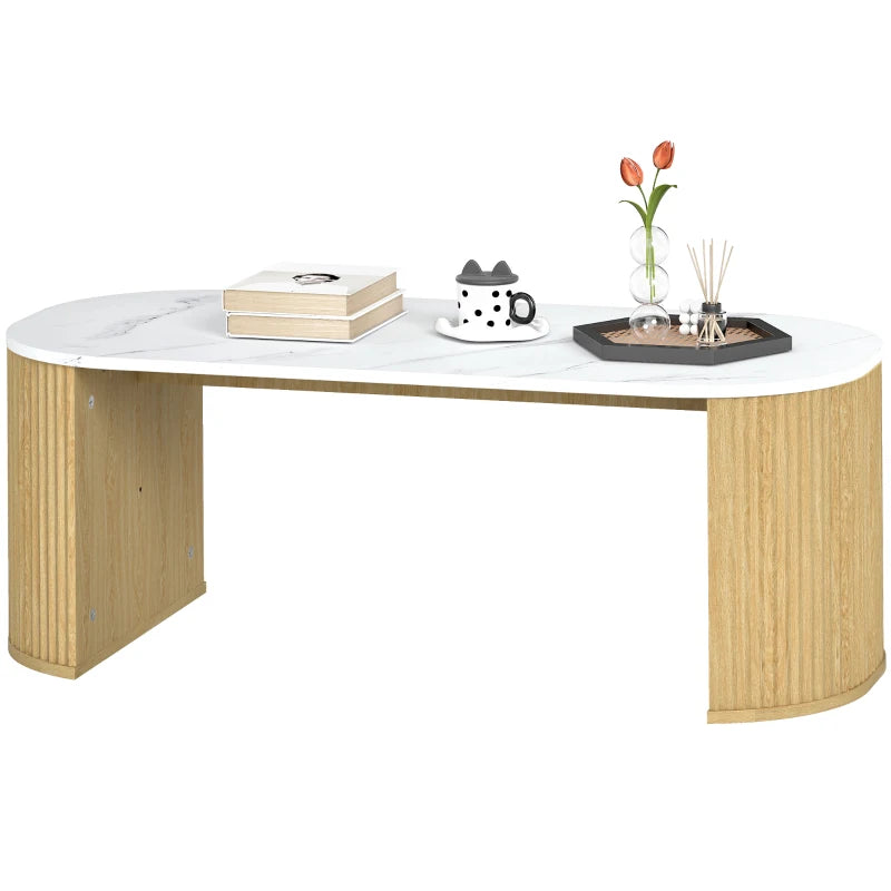 Coffee Table, Modern Marble-Effect Living Room Table with Round Corners and Thicken Legs, Natural Wood