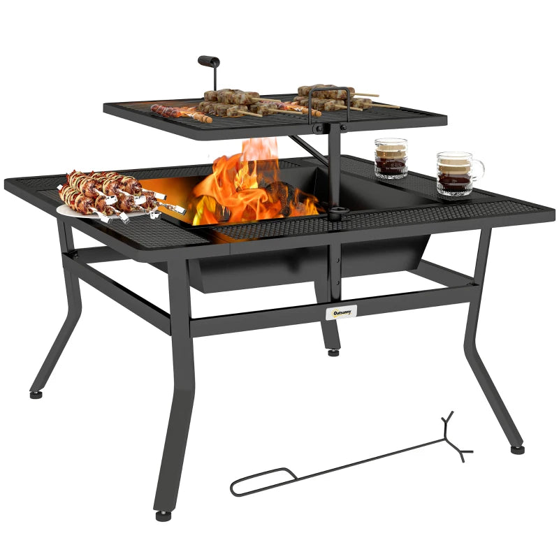 Square Outdoor Fire Pit Firepit with Adjustable Grill Grate, Wood Fire Pit with Adjustable Foot Pads, Outer Ledge, Poker for Backyard Bonfire Picnic, Black