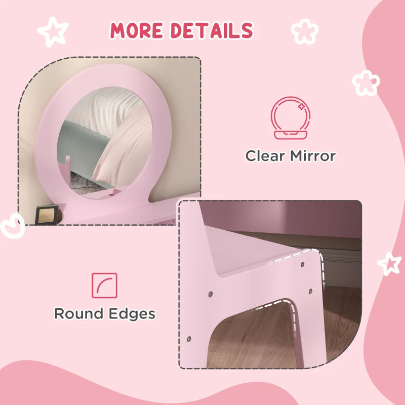 Qaba Kids Vanity Set, Children Makeup Table with Mirror, Stool and Storage Drawers, for Ages 3-8, Pink
